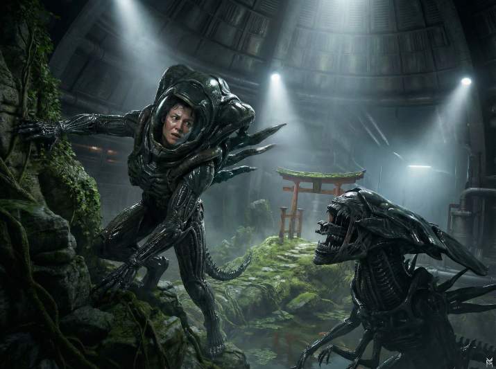 ripley in xenomorph biosuit fights alien queen (v1)