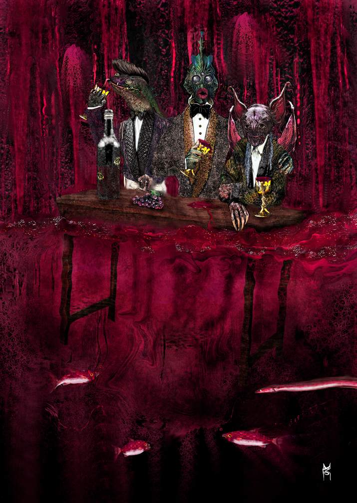 three weirdos at a drowning wine bar